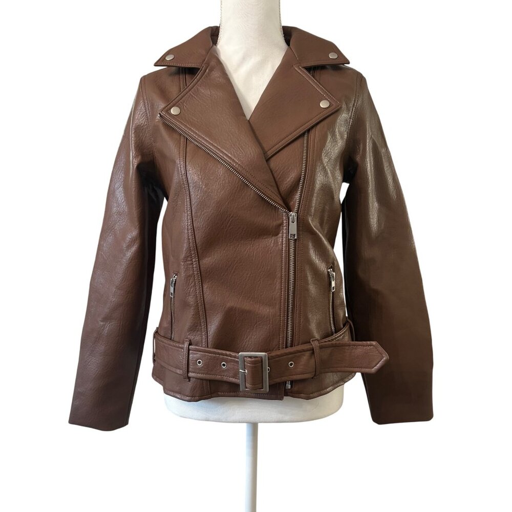 Old Navy Womens Brown Faux Leather Jacket S W/ Belted Waist & Zippered Pockets